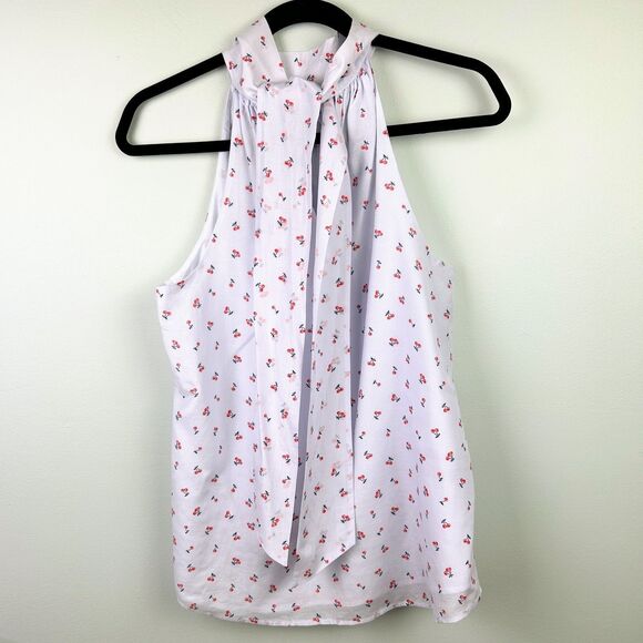 J Crew Tie Neck Cherry Print Blouse Sleeveless Top White Halter Silk Cotton 6 - Picture 6 of 14